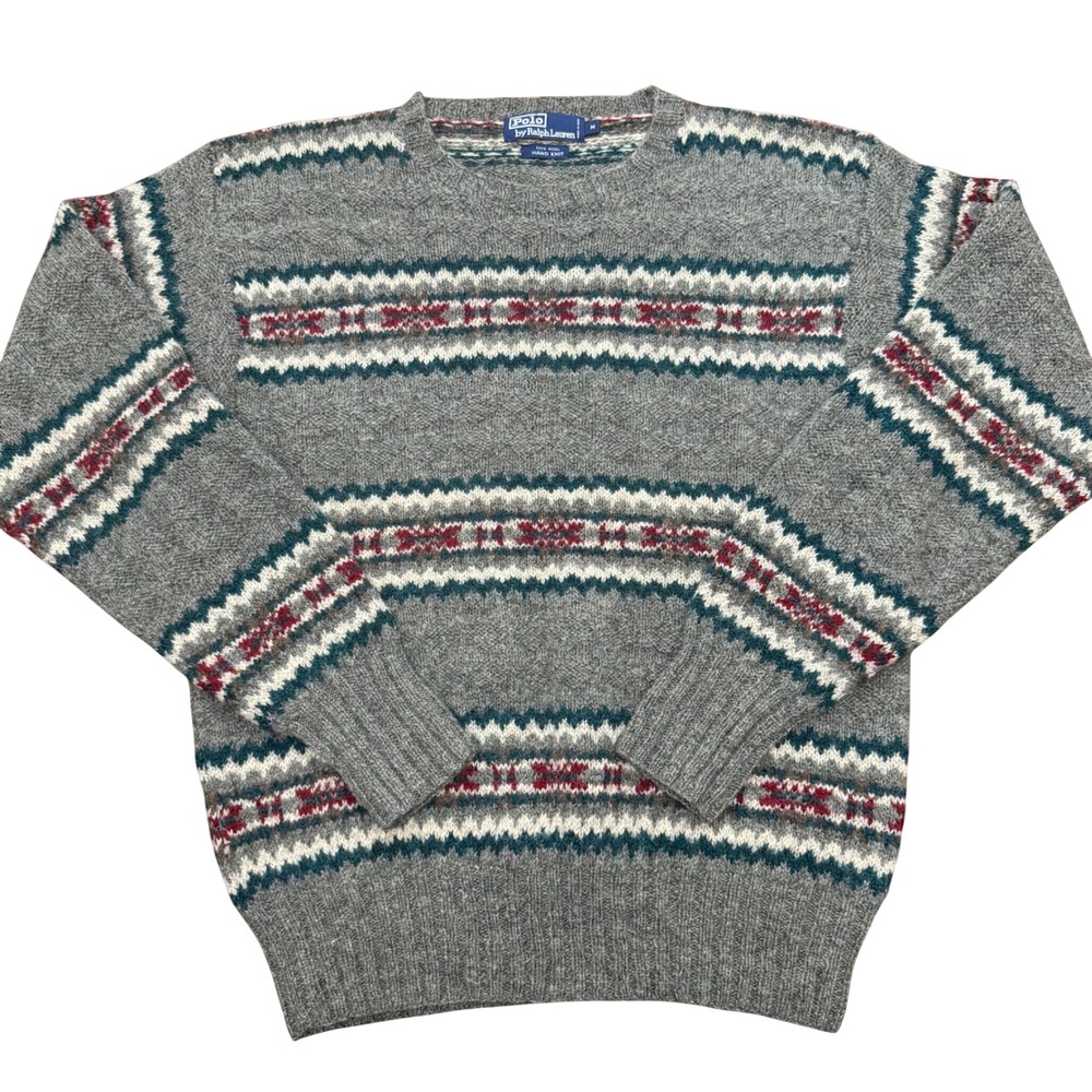 Polo Ralph Lauren Sweater Mens M Grey Fair Isle Hand Knit Wool Vintage Pullover